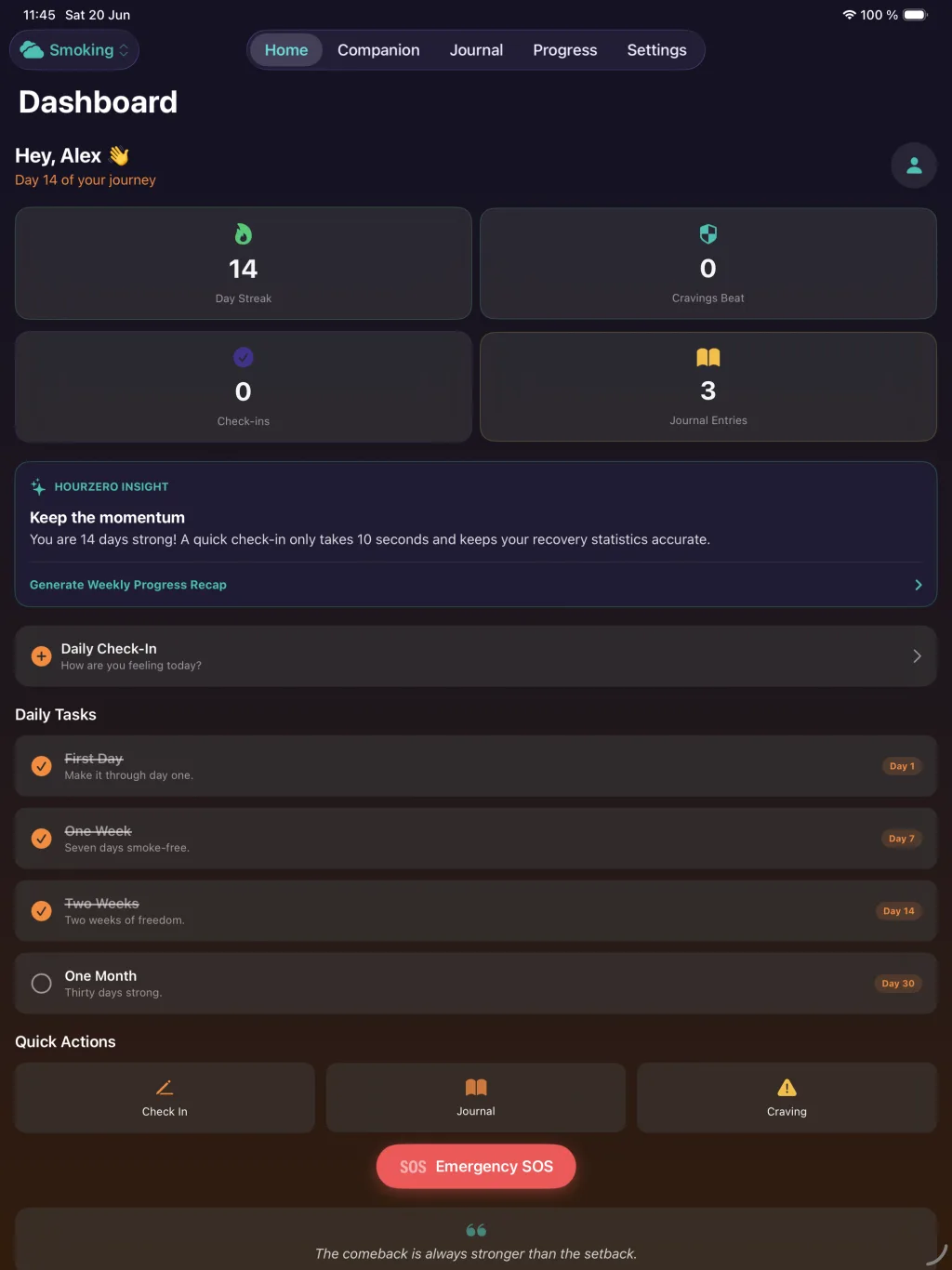 HourZero dashboard on iPad showing the full recovery overview.