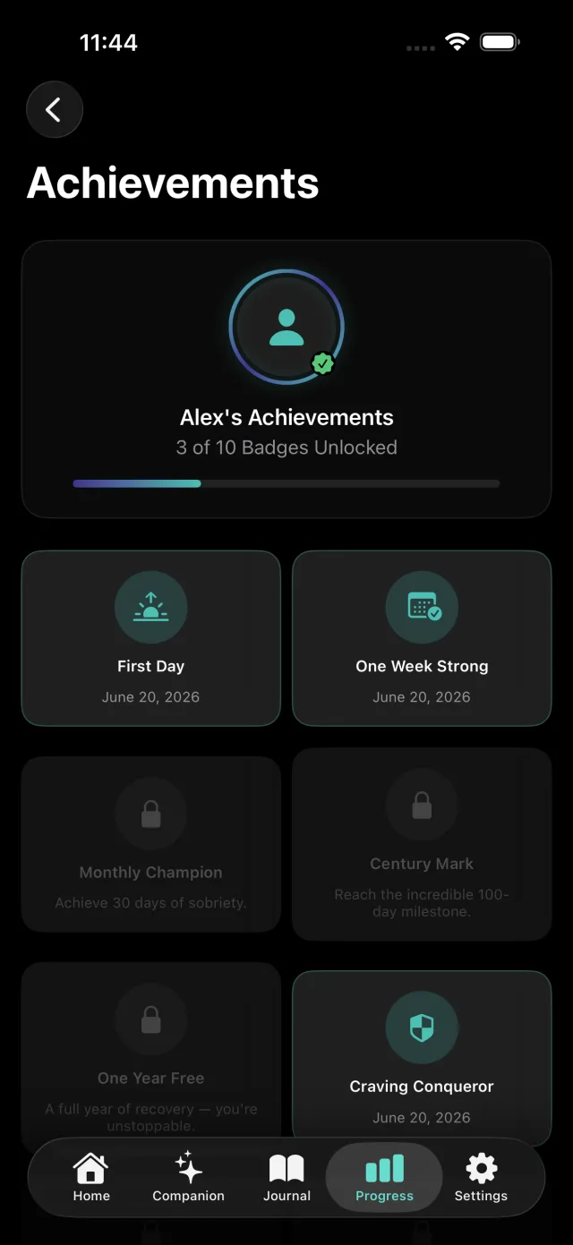 Achievements screen showing unlocked recovery milestone badges.