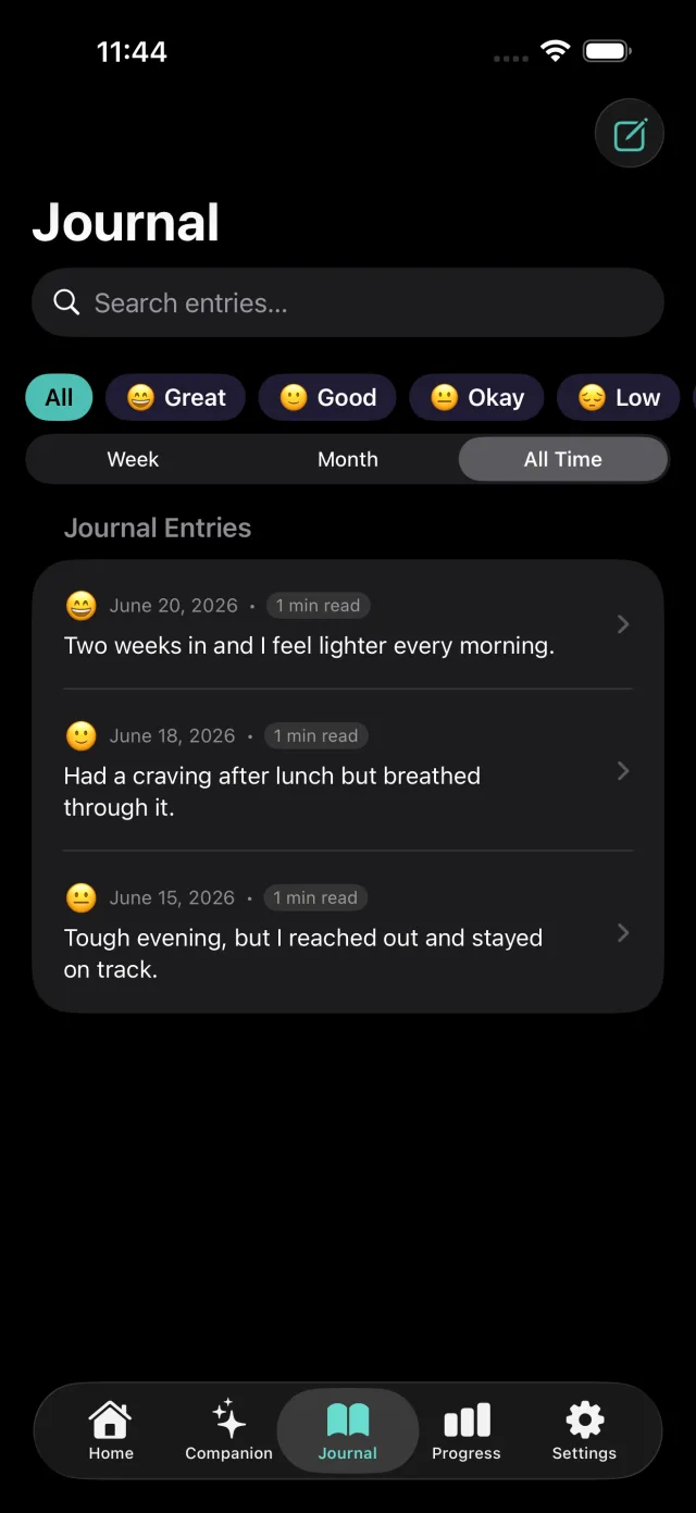 Recovery journal with mood-tagged entries and search.