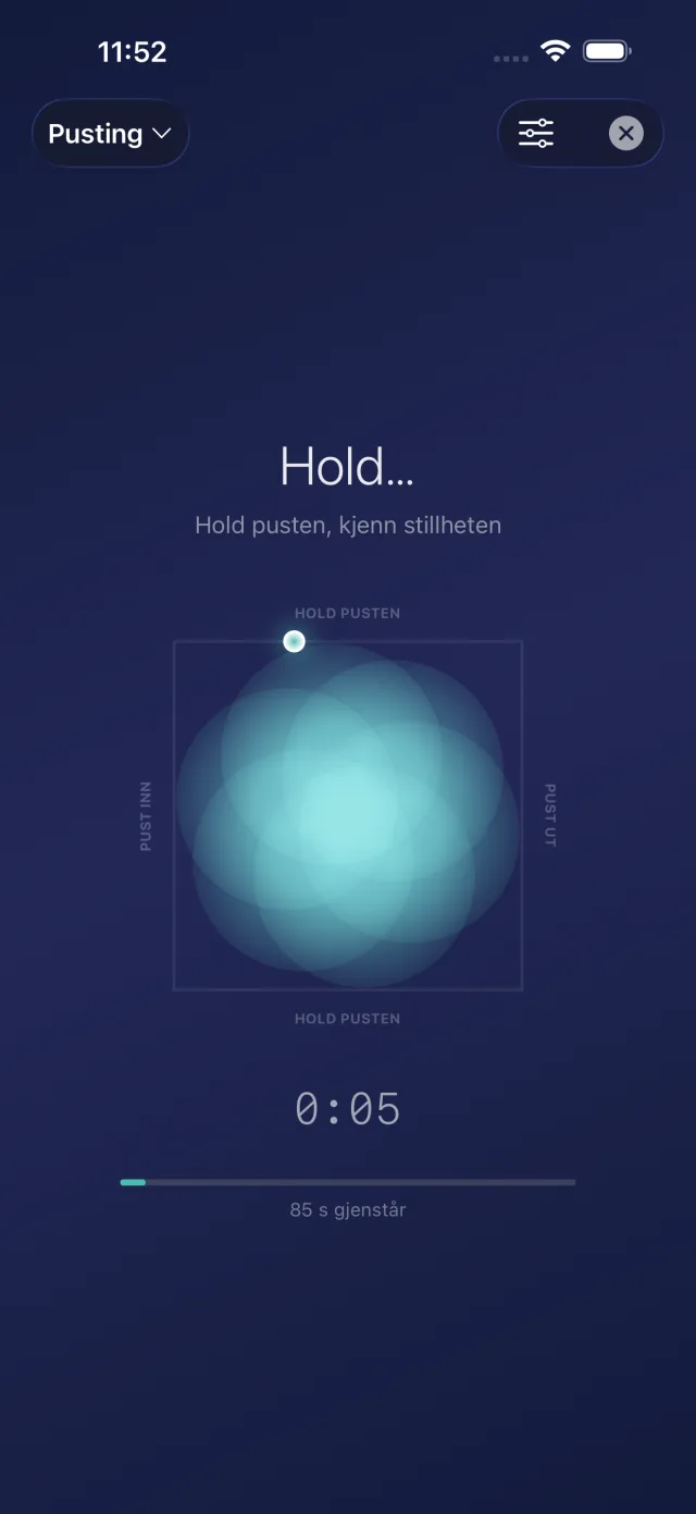 Nød-SOS med veiledet pusteøvelse med rolig animasjon og timer.